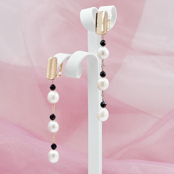 Pearl & Black Spinel Dangle Earrings, 14K Gold Filled Lever Back Earrings - Picture 1 of 9